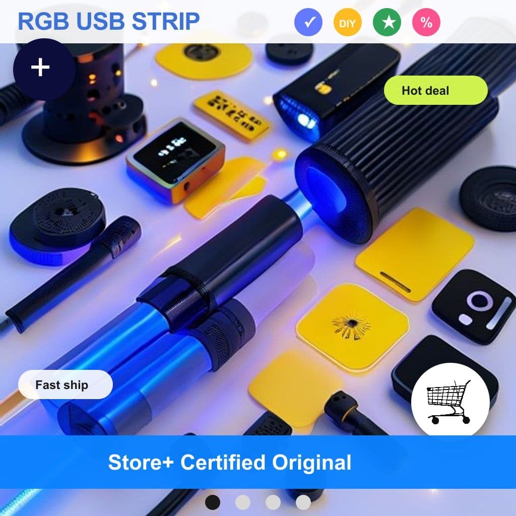 Noisy supplier-style product image of an RGB LED strip with badges and marketplace labels